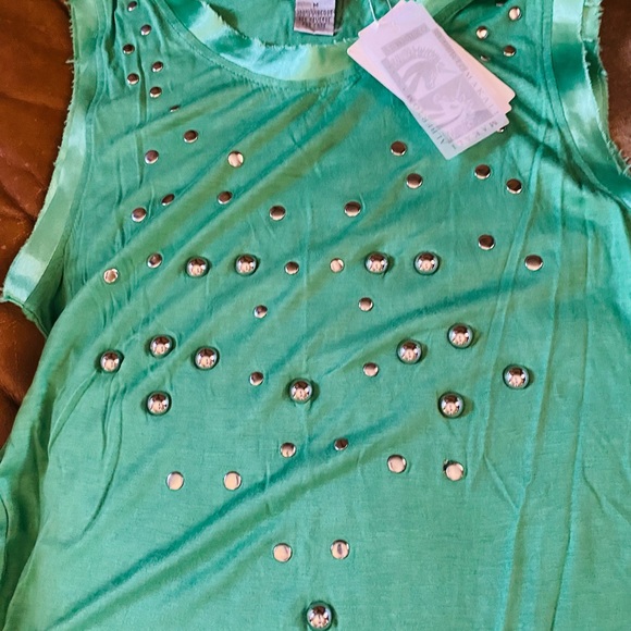 Alberto Makali emerald green distressed ribbon edge  studded tank top - Picture 3 of 9